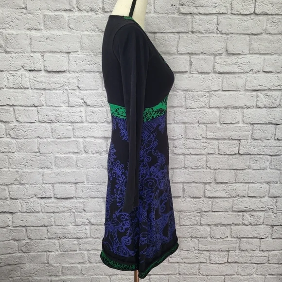 Desigual dress black green blue fit flare long sleeve dragon zebra detail Sz S - Picture 6 of 15